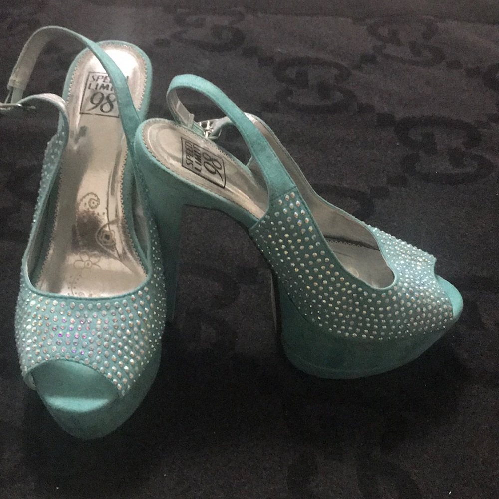 Mint, rhinestone heels